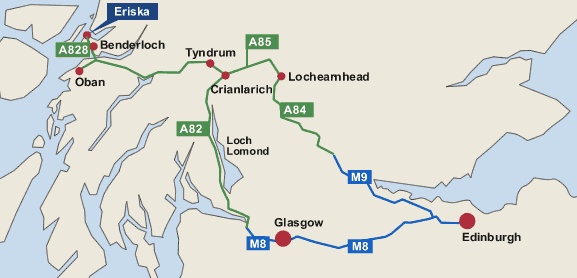 direction map from Glasgow and Edinburgh to Eriska